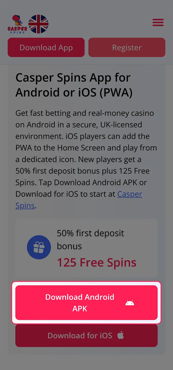 Download the Casper Spins app on Android.
