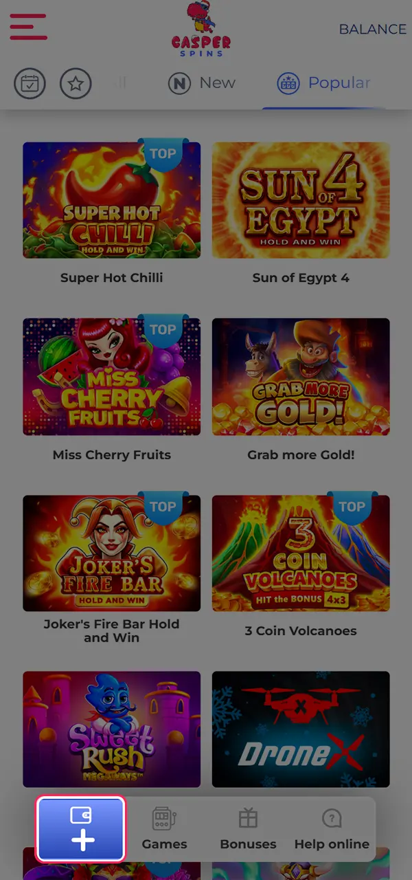 Deposit funds into your Casper Spins account and receive bonuses.
