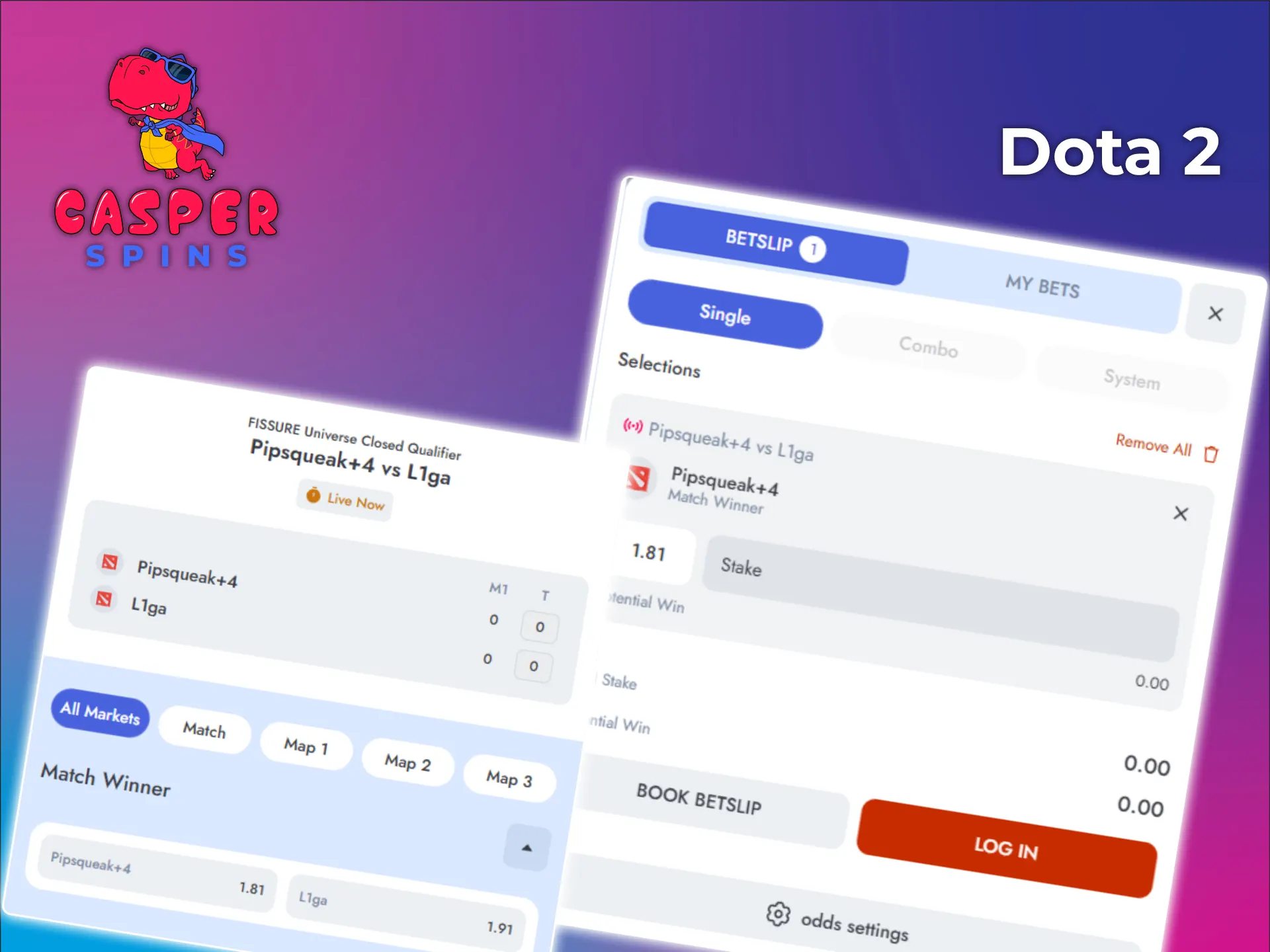 Register on the website to place bets on Dota 2 at Casper Spins.