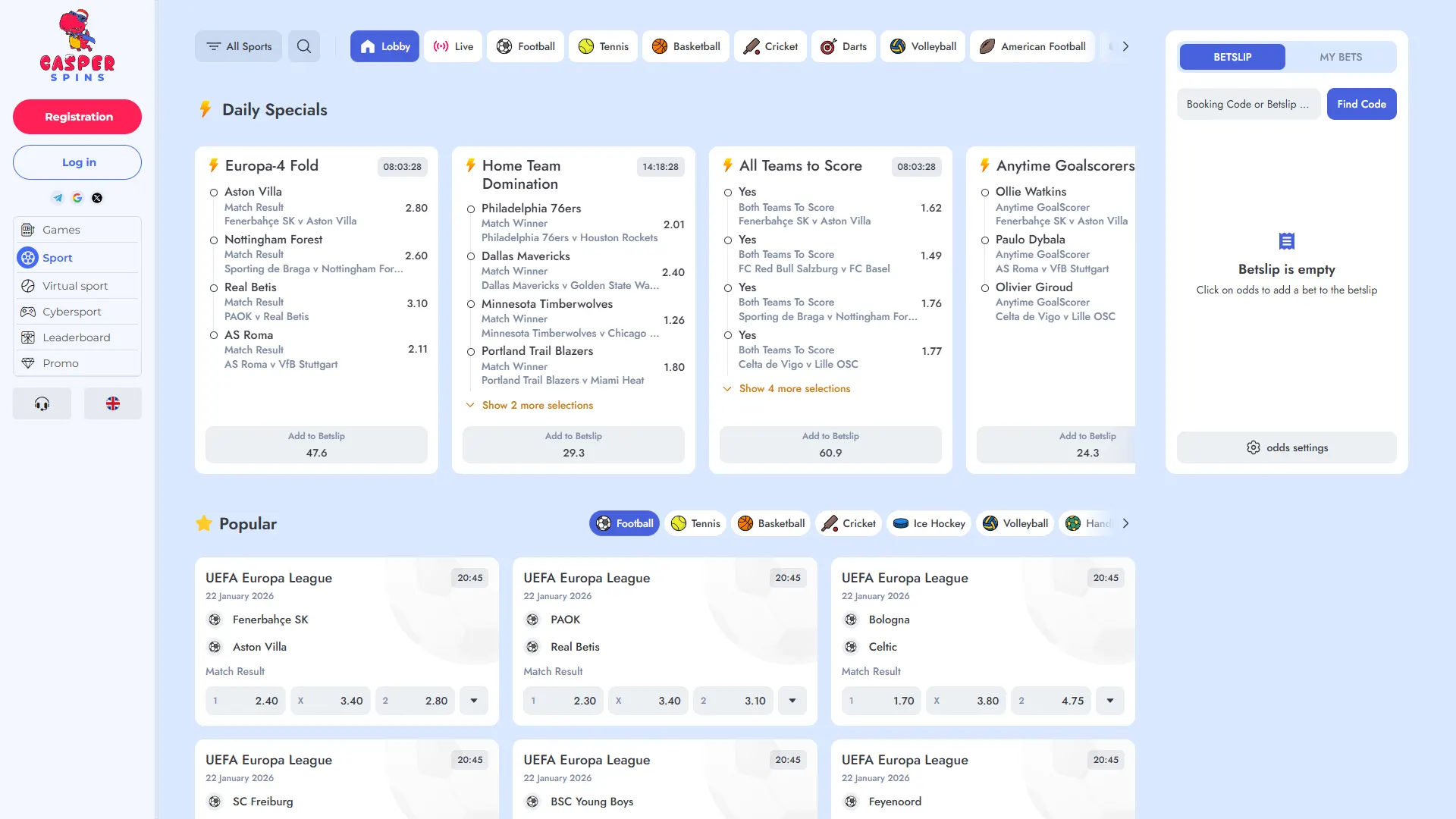 Explore the sports betting section at Casper Spins.